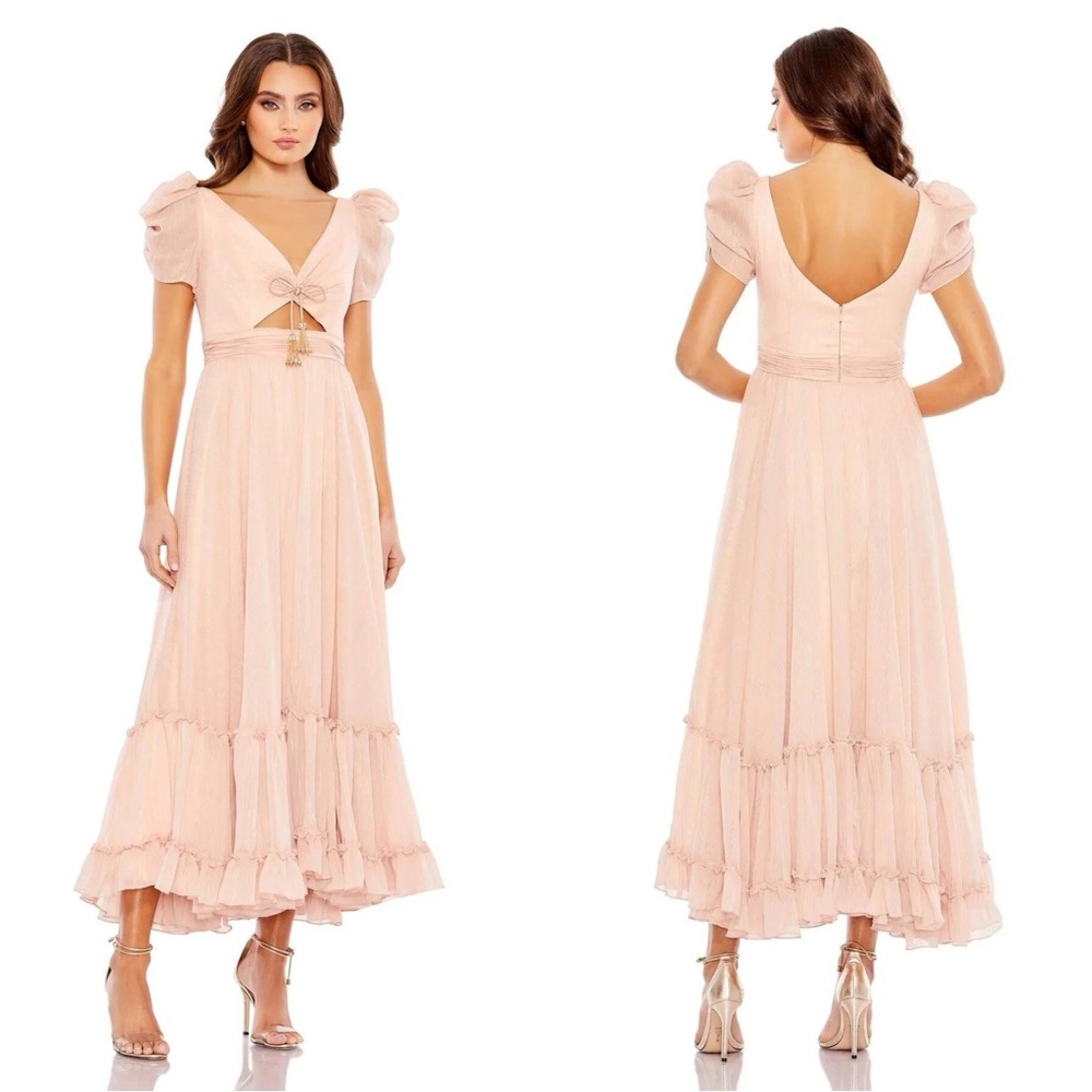 Mac Duggal Blush Pink Bow-Front Tiered Maxi Dress
